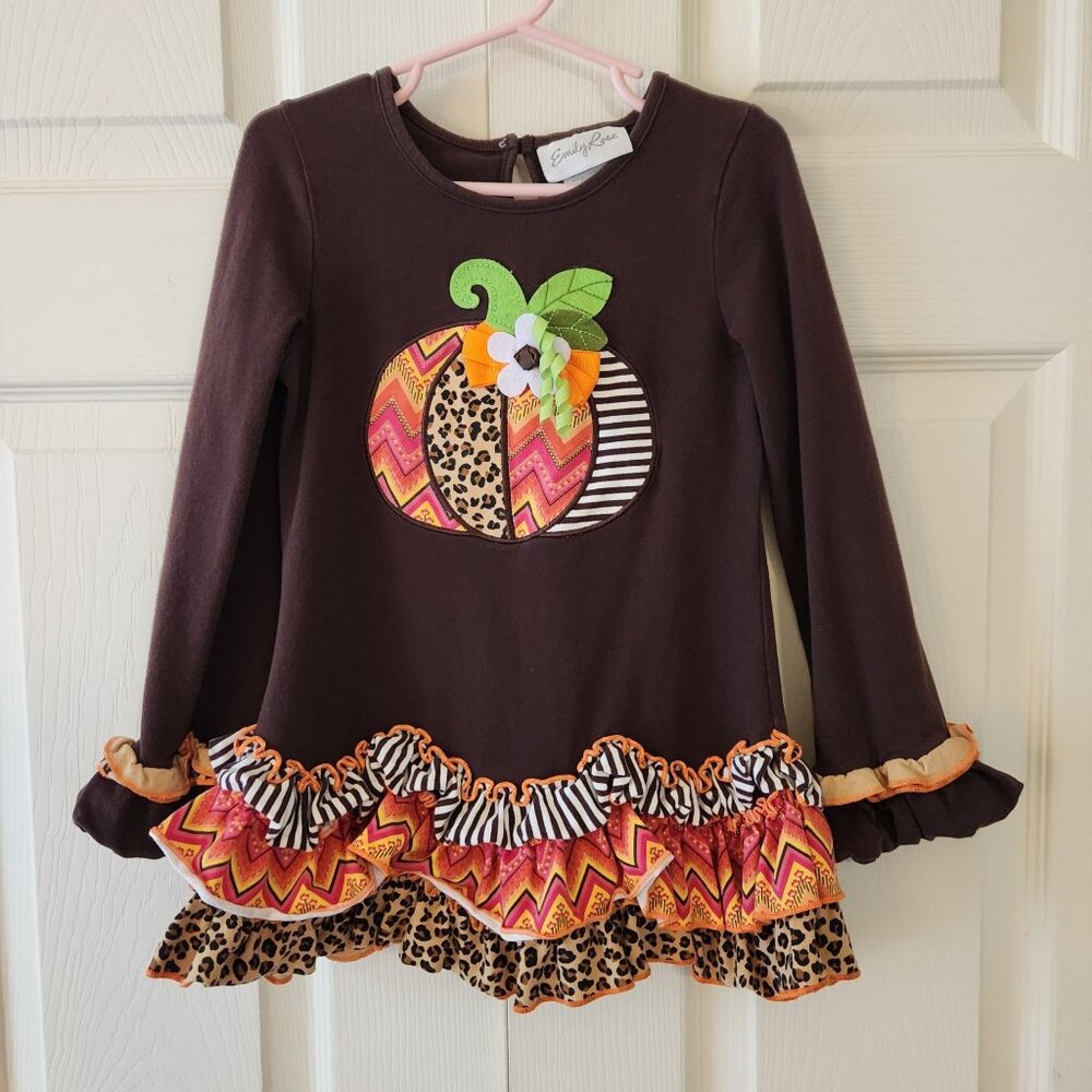 Emily Rose Girls Size 6 Thanksgiving Shirt Brown Long-Sleeve Pumpkin Ruffle Tuni